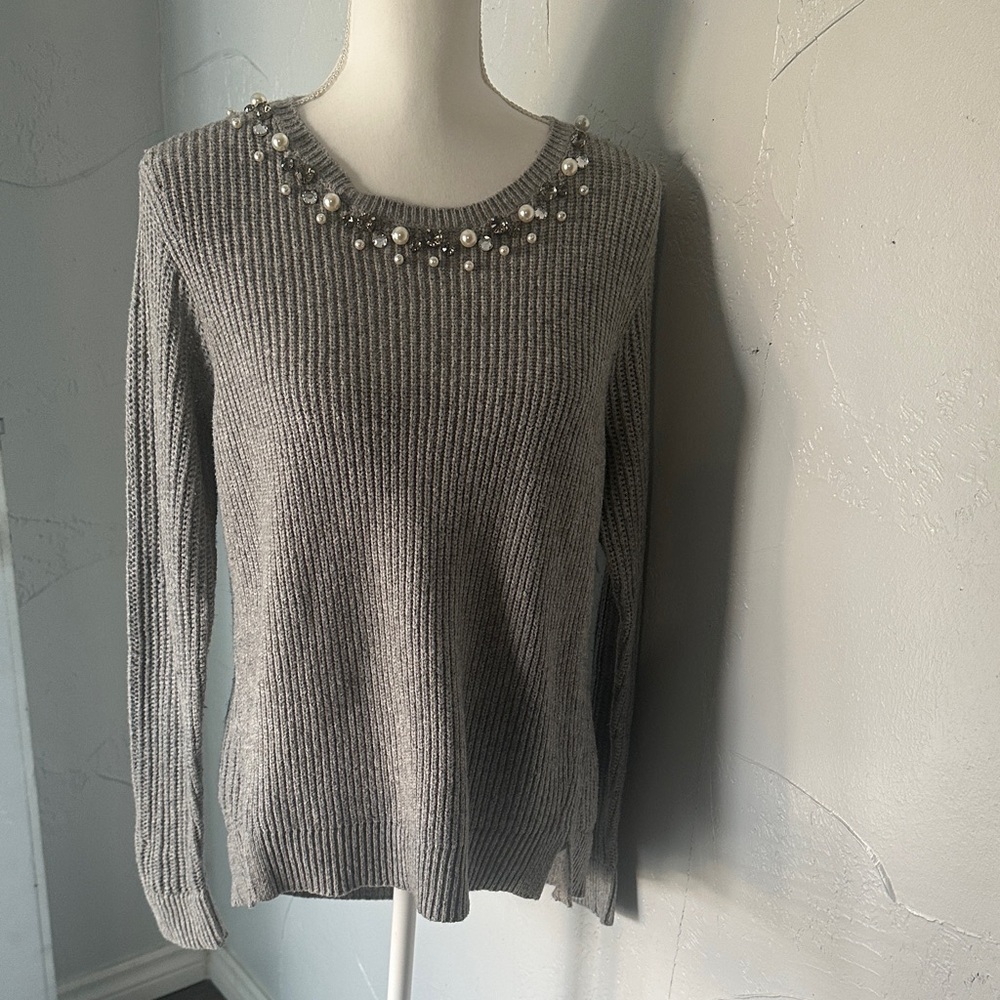 Adrianna Papell Gray Sweater with Pearl Accents